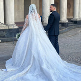 Shunning White Ball Gown Off-The-Shoulder Long Sleeves Beaded Lace Cathedral Train Wedding Dress